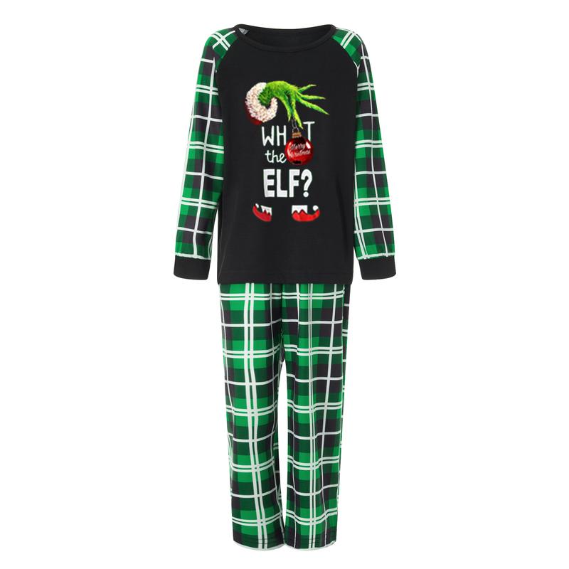 Green Black Christmas Pajamas for Family Long Sleeve Elf Graphic Tops + Plaid Trousers Set Holiday Sleepwear