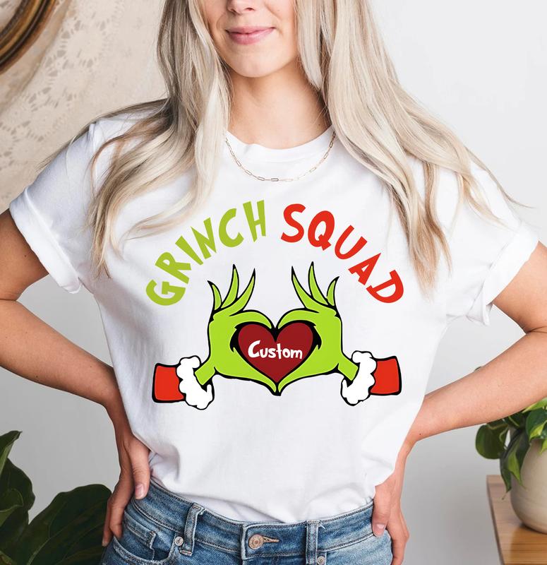 Custom Greenmas Family Tshirt, Christmas Matching Greenmas Squad Family Shirt, Greenmas Hand Heart Shirt, Christmas Family Dad Mom Son Casual Comfort