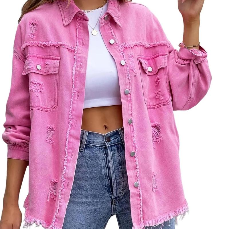 Womens Oversized casual long Ripped Denim Jacket Frayed Hem Button Front Boyfriend Jean Coat Western sleeve pocket jacket