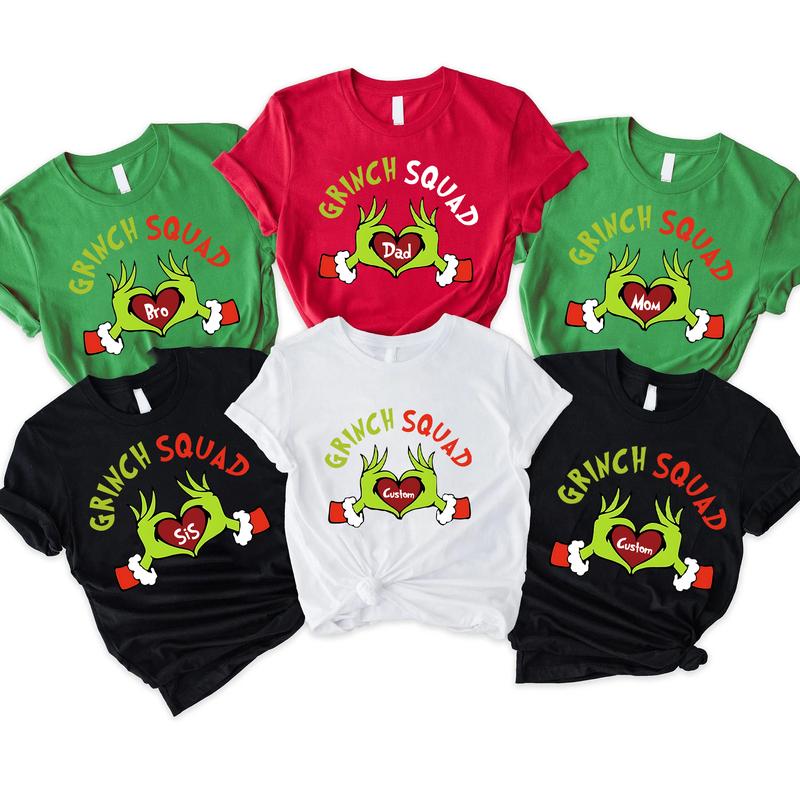 Custom Greenmas Family Tshirt, Christmas Matching Greenmas Squad Family Shirt, Greenmas Hand Heart Shirt, Christmas Family Dad Mom Son Casual Comfort