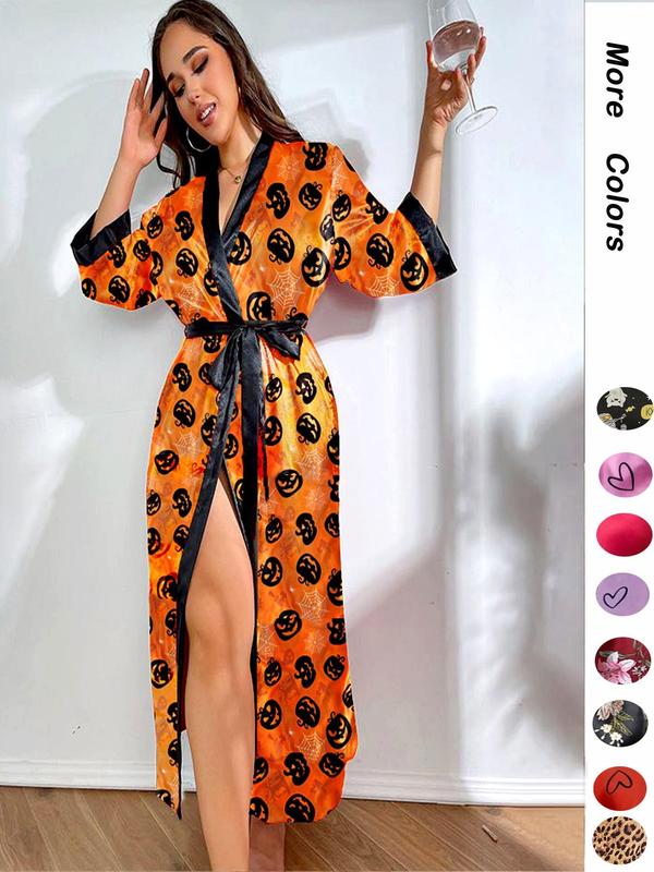 Women's Leopard Print Contrast Binding Robe, Fashion Pumpkin Printed Belted Stretch Satin Long Dressing Gown for Women, Satin Robe, Women Nightwear, Casual Ladies Sleepwear for All Seasons