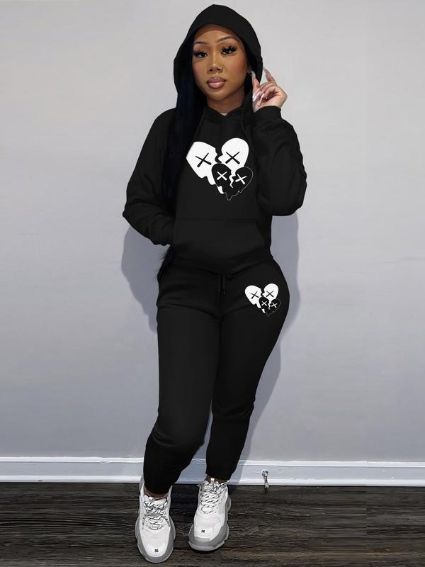 Women's Heart Print Pocket Hoodie  & Drawstring Waist Sweatpants Set, Casual Long Sleeve Hooded Pullover & Jogger Pants, Women's Fall & Winter Clothes