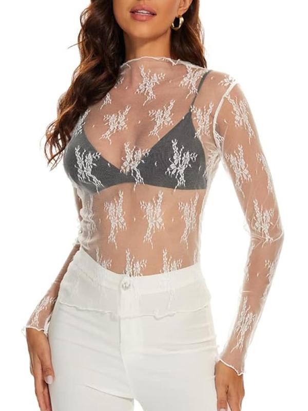 Women's Floral Lace Semi-sheer Top, Elegant Long Sleeve Top for Beach Vacation Holiday, Ladies Clothes for All Seasons