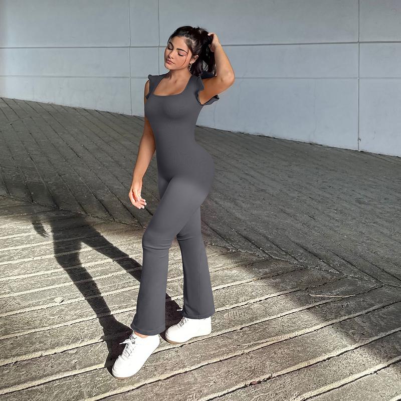 OQQ Jumpsuits For Women Ribbed Square Neck Ruffles Sleeveless Flare Long Pants Stretchy Soft Overalls Festival Party Jumpsuits Womenswear Lady Comfort