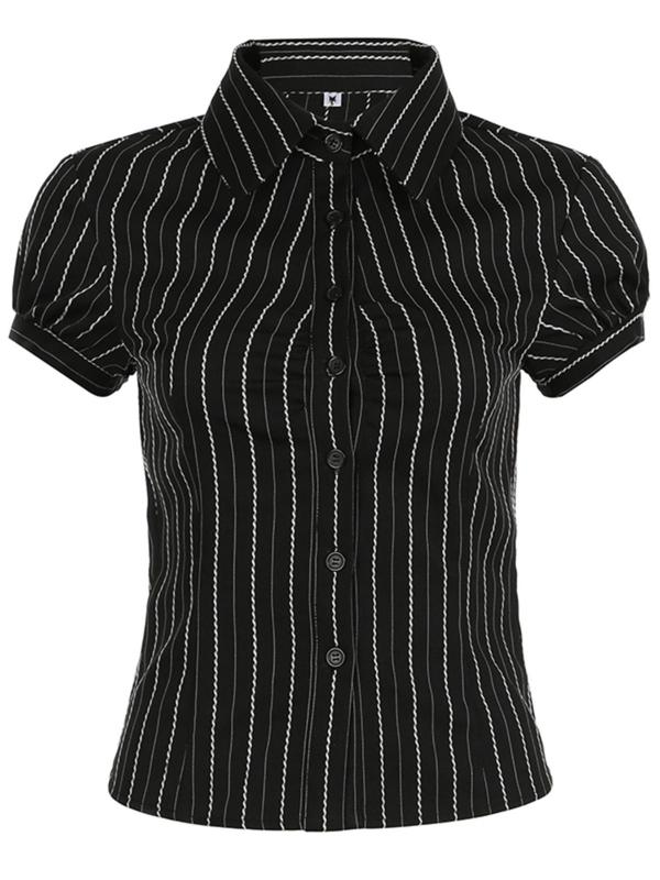 Women's Striped Print Button Front Blouse, Casual Short Sleeve Collar Shirt for Summer, Ladies Clothes for Daily Wear