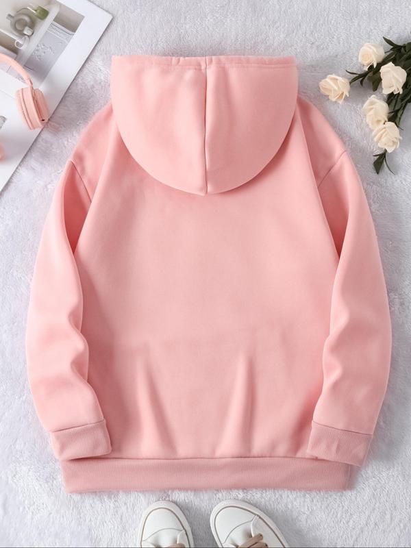 Letter Print Drawstring Drop Shoulder Graphic Hoodie, Pocket Hooded Sweatshirt Jumper for Outdoor Streetwear, Women Clothing