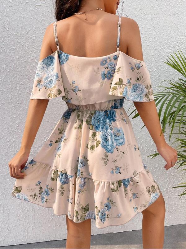 Women's Floral Print Cold Shoulder Ruffle A Line Vintage Dress, Summer Outfits 2024, Boho Flounce Sleeve Short Dress for Beach Holiday Vacation, Bohemain Lady Sundress, Ladies Birthday Outfit Black Girl Thneed Dress