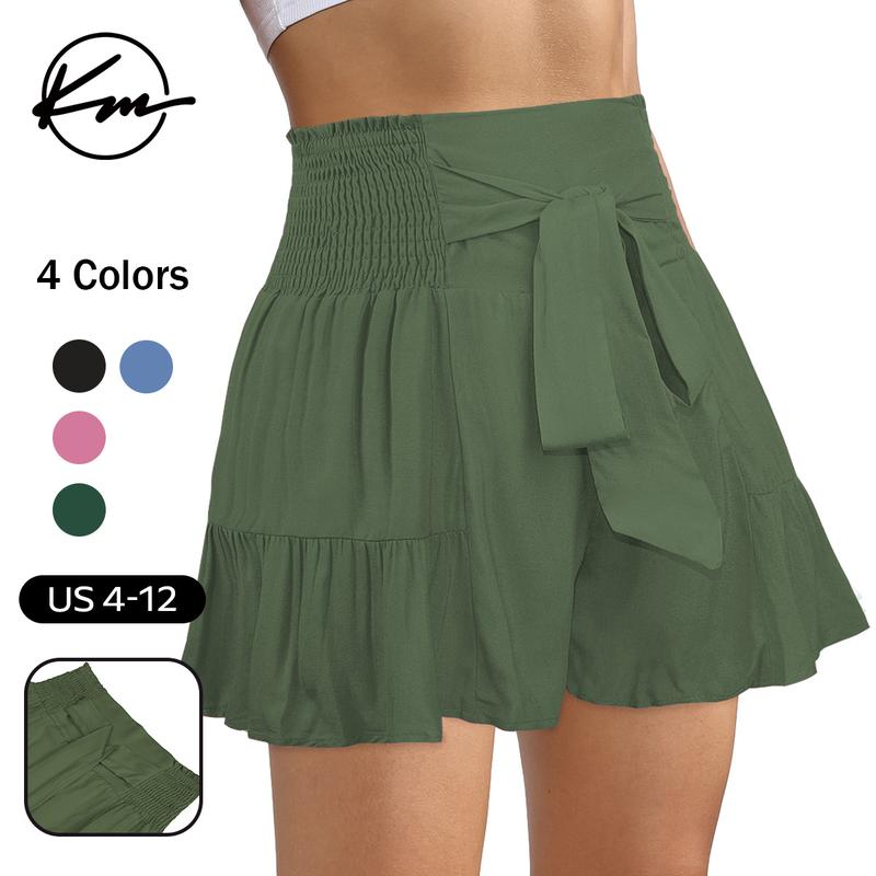 KatchMe Lovely Womenswear Solid Color High Waist Bow Tie Textured Shorts,Plain Versatile Summer Bottom,Comfort Casual High Stretch Ruched Loose Shorts