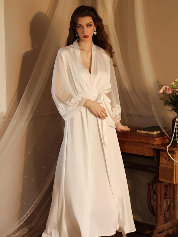 Women's Soft Satin Swiss Dot Lounge Robe without Nightdress, Contrast Mesh Long Sleeve Dressing Gown,  Bridesmaid Brides Robes, Women's Sleepwear & Loungewear