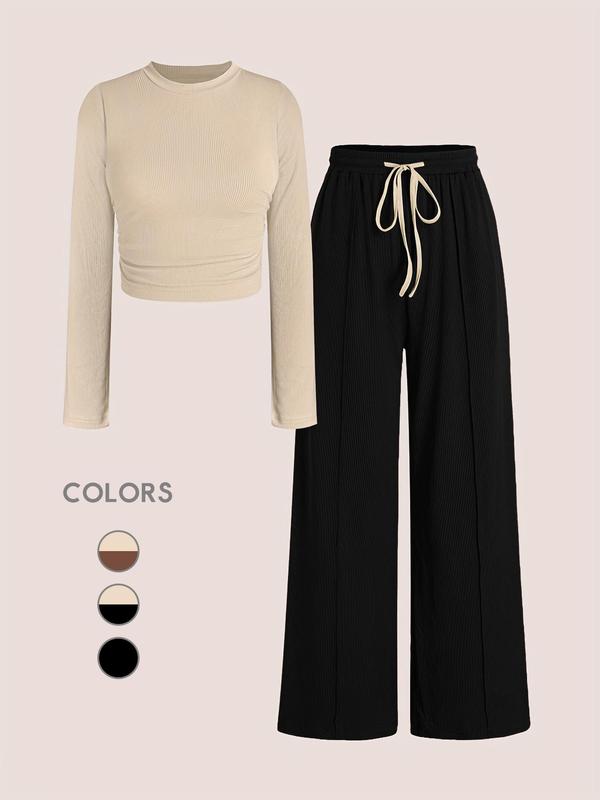 Two-Piece Set Women's Solid Color Ruched Tee & Drawstring Waist Pants, Casual Round Neck Long Sleeve Top & Wide Leg Trousers for Daily Wear, Ladies Two-piece Outfits for All Seasons