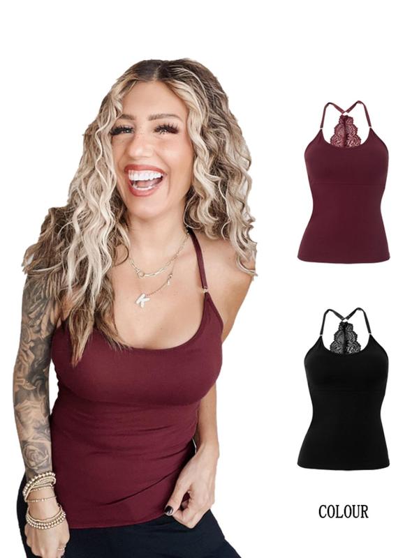 Two-piece Set Pack Women's Contrast Lace Backless Cami Top, Casual Sleeveless Spaghetti Strap Top for Daily Wear, Ladies Clothes for All Seasons