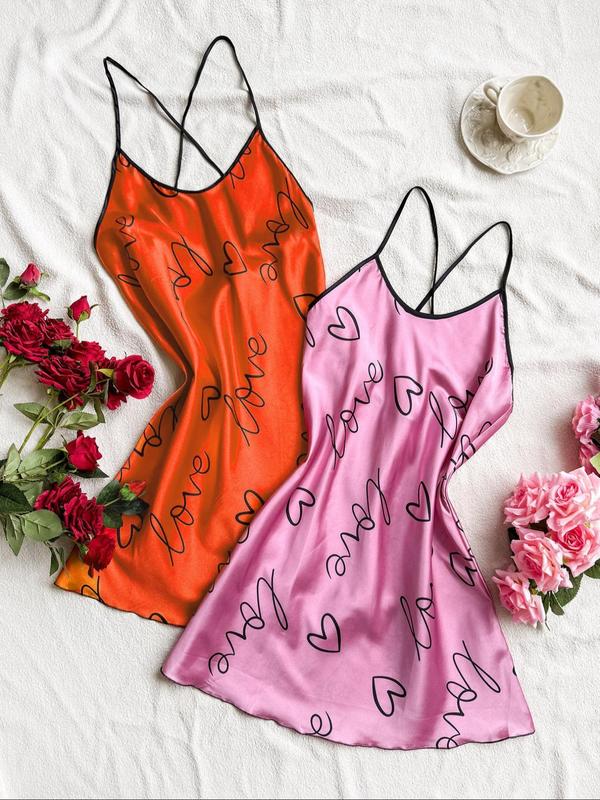 Women's Heart & Letter Print Criss Cross Backless Cami Nightdress, Summer Clothes Women, Casual Adjustable Spaghetti Strap Nightgown, Night Gown for Women, Women's Sleepwear & Loungewear