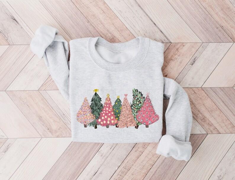 Matching Mama and Mini Christmas Trees Sweatshirt in Pink - Christmas Holiday Shirts for Mommy and Kids - Clothing, Womenswear