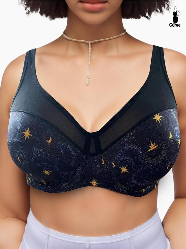 Plus Size Galaxy Letter Print Push Up Bra, Casual Contrast Mesh Sheer Underwire Lingerie Top, Women's Underwear for Daily Wear