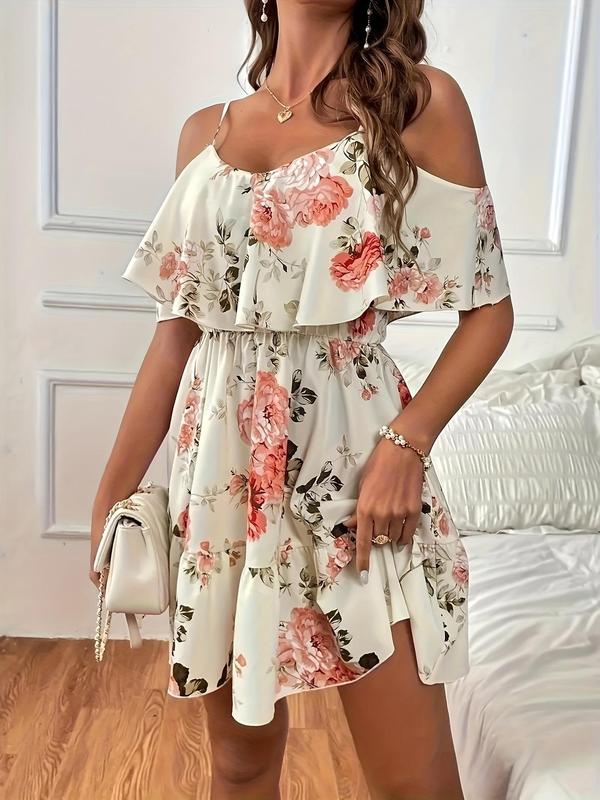 Women's Floral Print Cold Shoulder Ruffle A Line Vintage Dress, Summer Outfits 2024, Boho Flounce Sleeve Short Dress for Beach Holiday Vacation, Bohemain Lady Sundress, Ladies Birthday Outfit Black Girl Thneed Dress