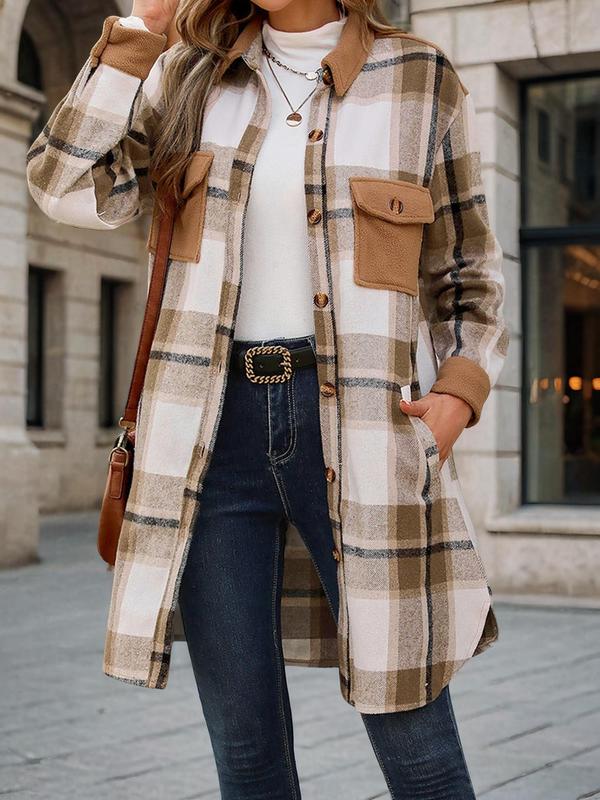 Women's Plaid Print Button Front Pocket Coat, Casual Long Sleeve Collared Outerwear for Fall & Winter, Ladies Clothes for Daily Wear