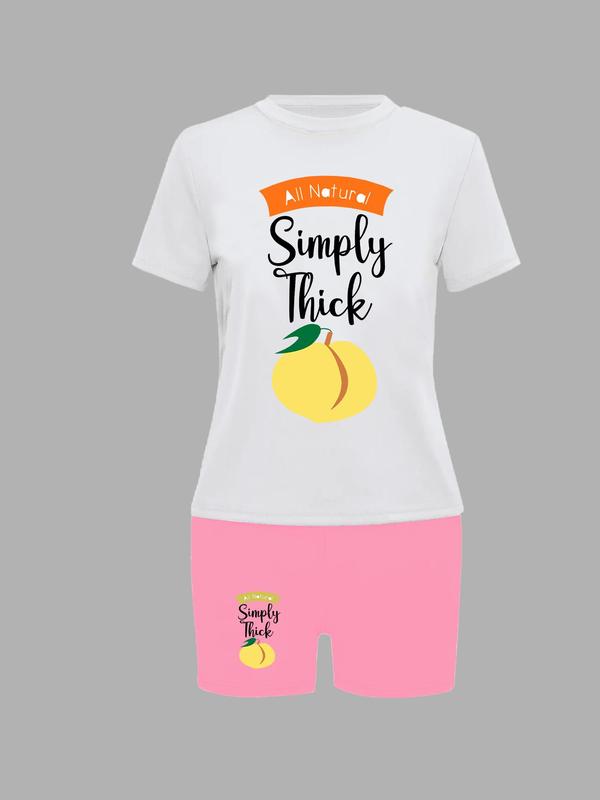 Two-Piece Set Women's Short Sleeve Graphic Tee & Skinny Shorts Matching Sets, Fruit Letter Print Round Neck T-shirt & Shorts Two Piece Set, Back-to-School Clothing, Casual Summer Outfits 2024 Sets for Daily Wear