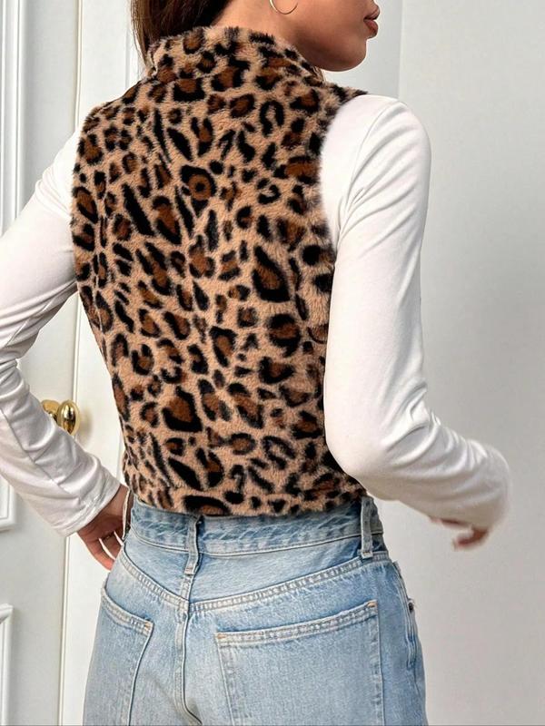 Women's Leopard Print Funnel Neck Plush Vest Coat, Casual Sleeveless Zip Up Crop Outerwear for Fall & Winter, Women's Clothes for Daily Wear