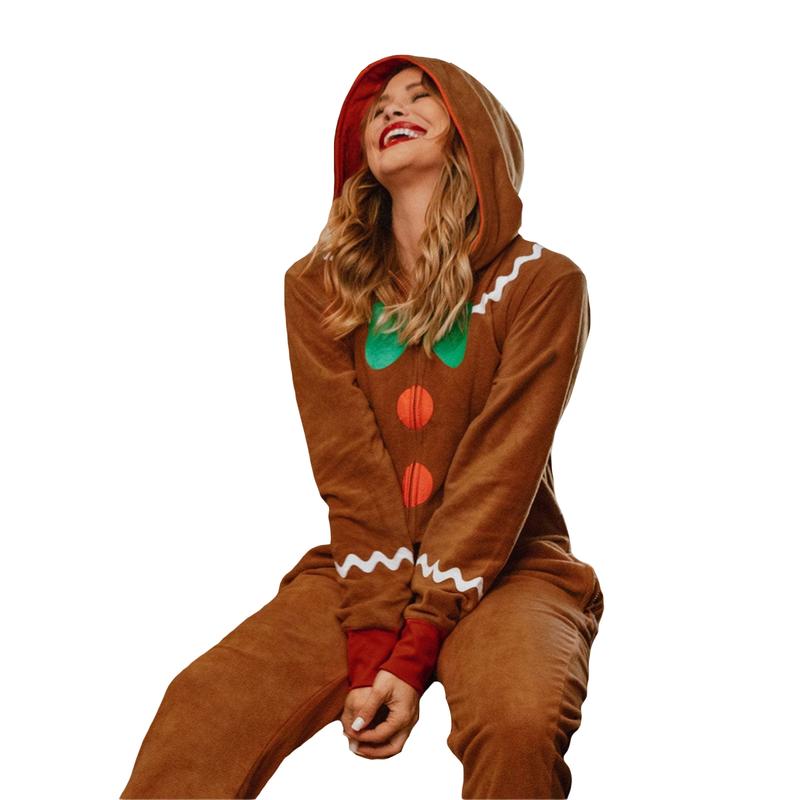 Adult Christmas Costume Gingerbread Family Outfit Long Sleeve Zipper Hooded Bodysuit Men and Women Party Role Play