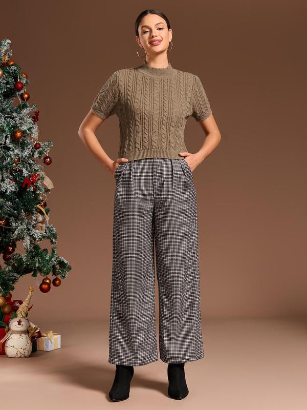 YOZY Black Friday Deals, Two-piece Set Women's Solid Textured Top & Plaid Zipper Trousers, Short Sleeve Top & Pocket Wide Leg Pants for Spring & Fall, Women's Clothes for Daily Wear, Christmas 2024 Trend, Thanksgiving Outfits, Fall Outfits, Winter Outfits