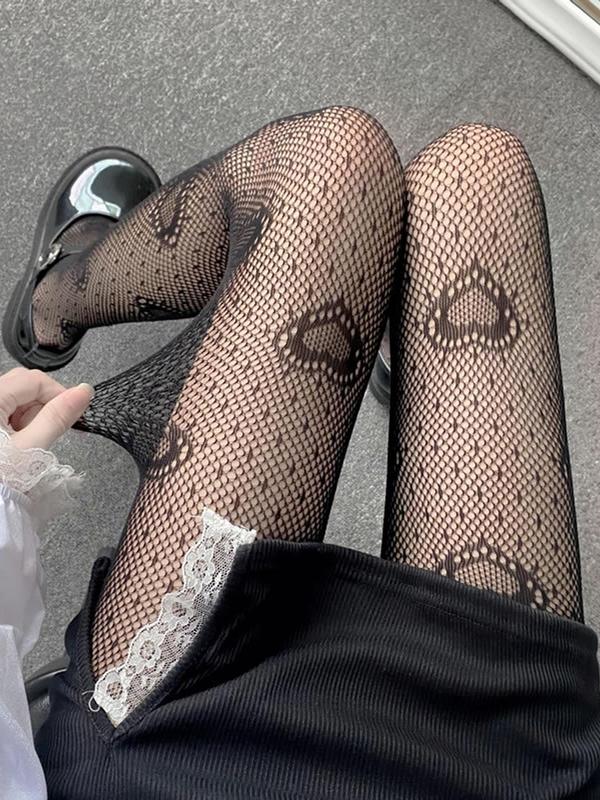 Women's 1 Pair Heart Print Sheer Sexy Fishnet Tights, Fashion Casual Comfy Breathable Pantyhose for Daily Outdoor Wear, Ladies Stockings for All Seasons