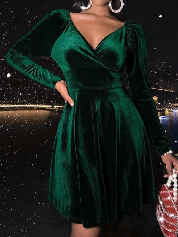 Women's Velvet Raglan Sleeve Wrap V Neck A Line Dress, Elegant Long Sleeve Short Dress for Party Holiday Wedding Guest, Ladies Spring & Fall Clothes