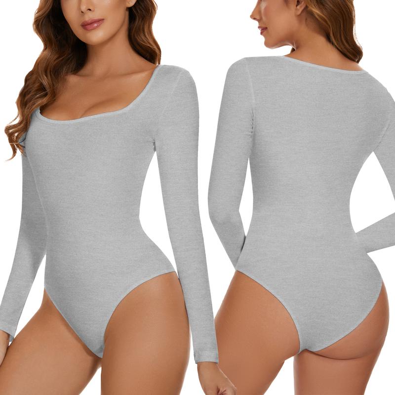 Women's Solid Color Long Sleeve Square Neck Bodysuit, Casual Comfy Bodysuit Leotard Tank Top Shirt For Daily Wear, Ladies Fashionable Clothes For Fall & Winter Soft Womenswear