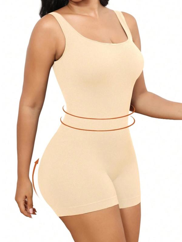 Women's Plain Ribbed Scoop Neck Sleeveless Shapewear Romper, Summer Clothes Women, Solid Body Contouring One Piece Bodysuit, Slimming Underwear for Lady, Back To School Clothes, Comfort Basic Versatile Women's Shapewear for Fall