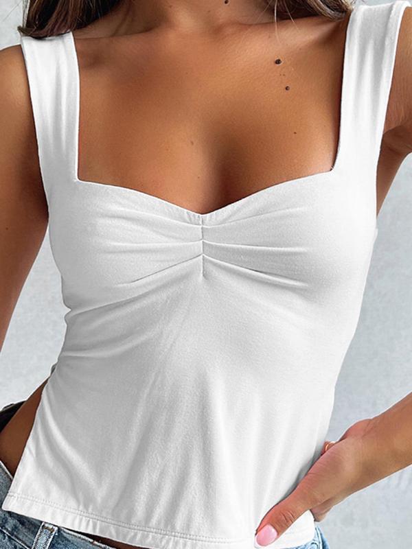 Women's Basic Minimalist Plain Ruched Split Hem Crop Tank Top, Back To School Outfits, Lady Y2k Casual Comfort Sweetheart Neck Sleeveless Top for Daily Wear, Ladies Clothes for Fall, Womenswear Downtown Girl Clothes