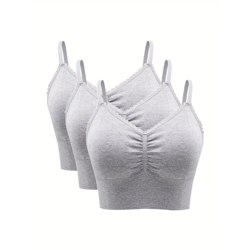 3 Pack Plus Size Casual Bra Set, Women's Plus Solid Ruched Wireless Padded Lace Bralette Three Piece Set