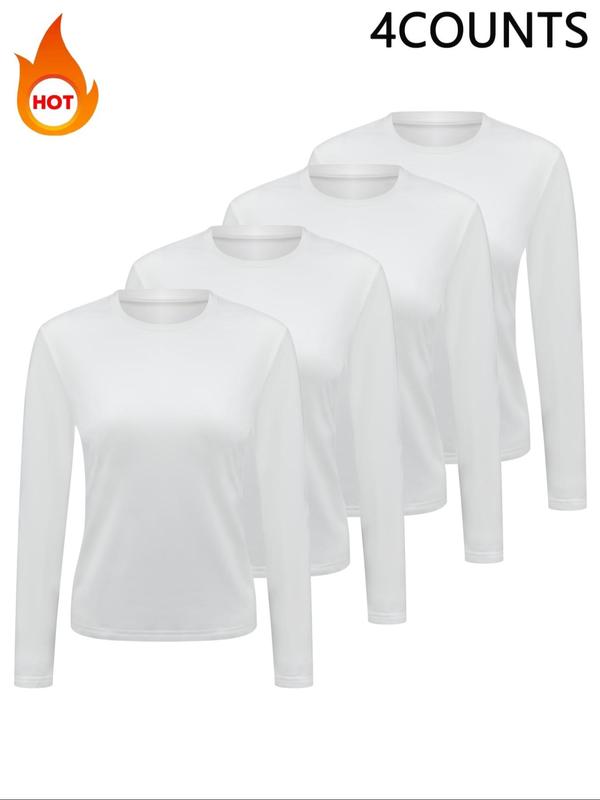 Women's Solid Long Sleeve Thermal Lined Tee, Casual Round Neck T-shirt for Fall & Winter, Ladies Clothes for Daily Wear