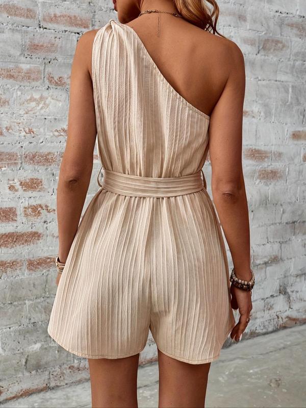 Women's Solid Belted One Shoulder Romper, Elegant Sleeveless Wide Leg Jumpsuit for Summer, Women's Clothes for Daily Wear