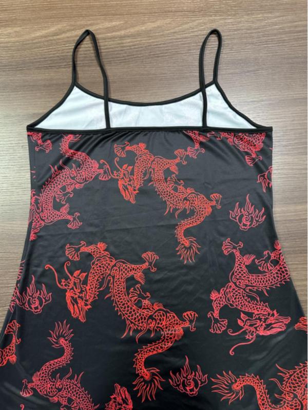 Women's All Over Dragon Print Lettuce Trim Cami Nightdress, Casual Soft Comfortable Spaghetti Strap Scoop Neck Nightgown for Summer, Ladies Sleepwear for Indoor Wear