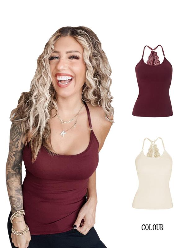 Two-piece Set Pack Women's Contrast Lace Backless Cami Top, Casual Sleeveless Spaghetti Strap Top for Daily Wear, Ladies Clothes for All Seasons