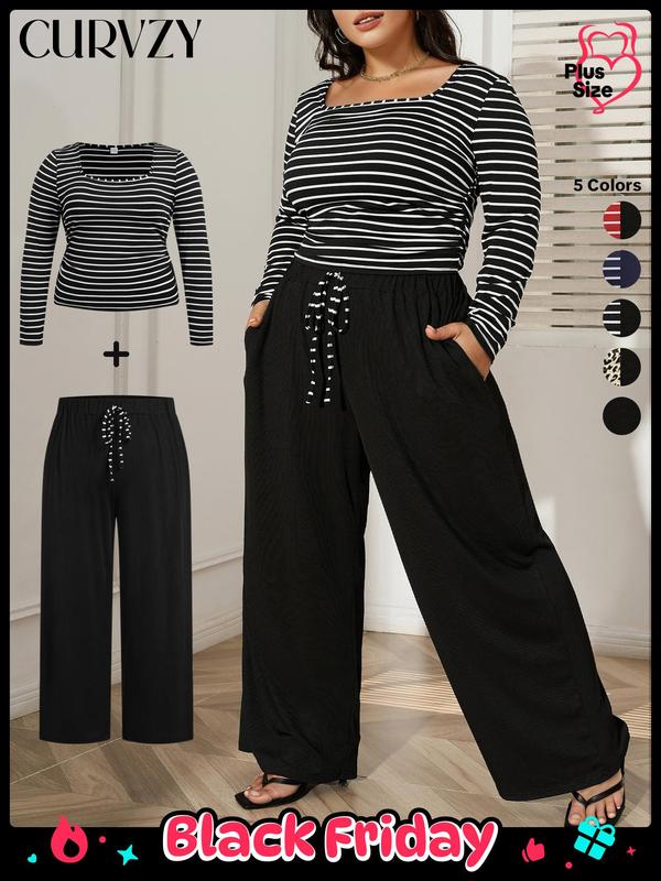 Black Friday Deals CURVZY Plus Size Two-piece Set Striped Print Tee & Pocket Tie Front Pants, Casual Long Sleeve Square Neck Top & Wide Leg Trousers Outfits for Spring & Fall, Women's Clothes for Christmas 2024 Trend,Thanksgiving Outfits,Winter Outfits