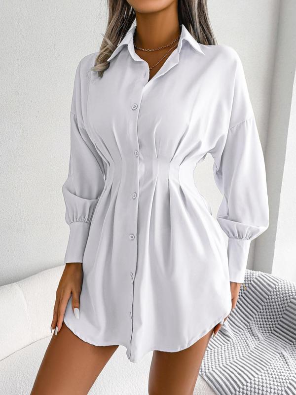 Women's Minimalist Solid Curved Hem Ruched Button Front Collar Shirt Dress, Lady Vintage Drop Shoulder Long Sleeve Short Dress, A-line Dress for Fall School Office, Dresses for Women, Vow Renewal Party Pink Dress Longsleeves