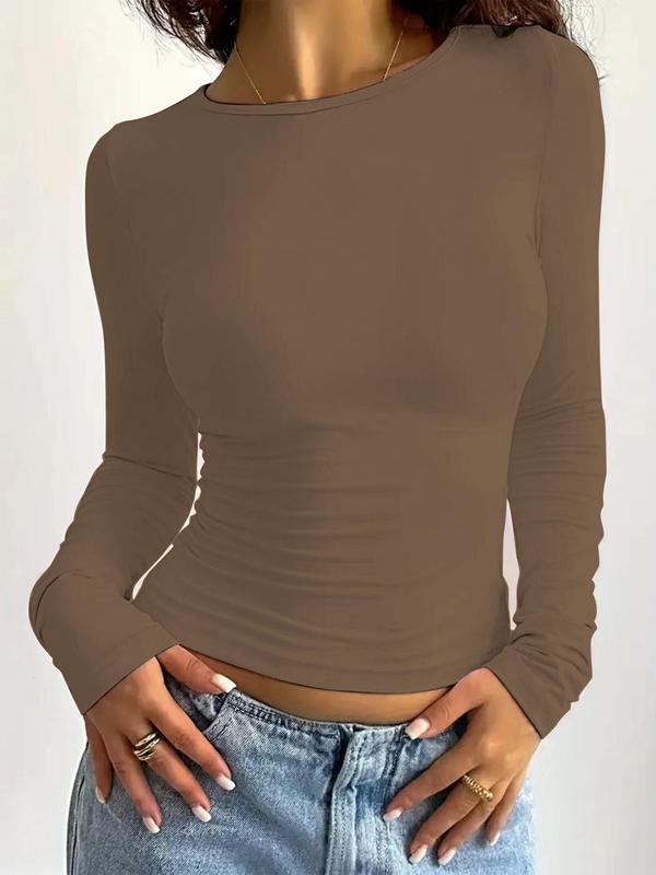 Fall Women's Plain Round Neck Long Sleeve Tee, Casual Solid Crew Neck T-shirt for Spring & Fall, Fashion Women's Top for Daily Wear, Fall Outfits, Fallfreshness, Downtown Girl Clothes, Brandy Tops