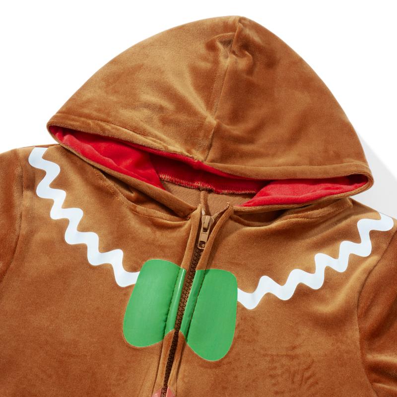 Adult Christmas Costume Gingerbread Family Outfit Long Sleeve Zipper Hooded Bodysuit Men and Women Party Role Play