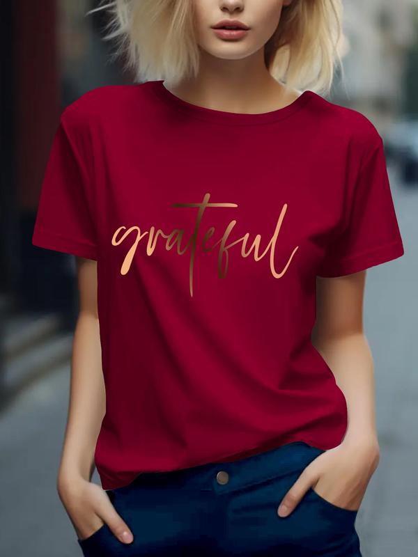 Women's Letter Print Shortsleeve T-shirt, Summer Clothes Women, Graphic Tees, Casual Comfort Graphic Round Neck Tee for Summer, Lady Top for Daily Womenswear