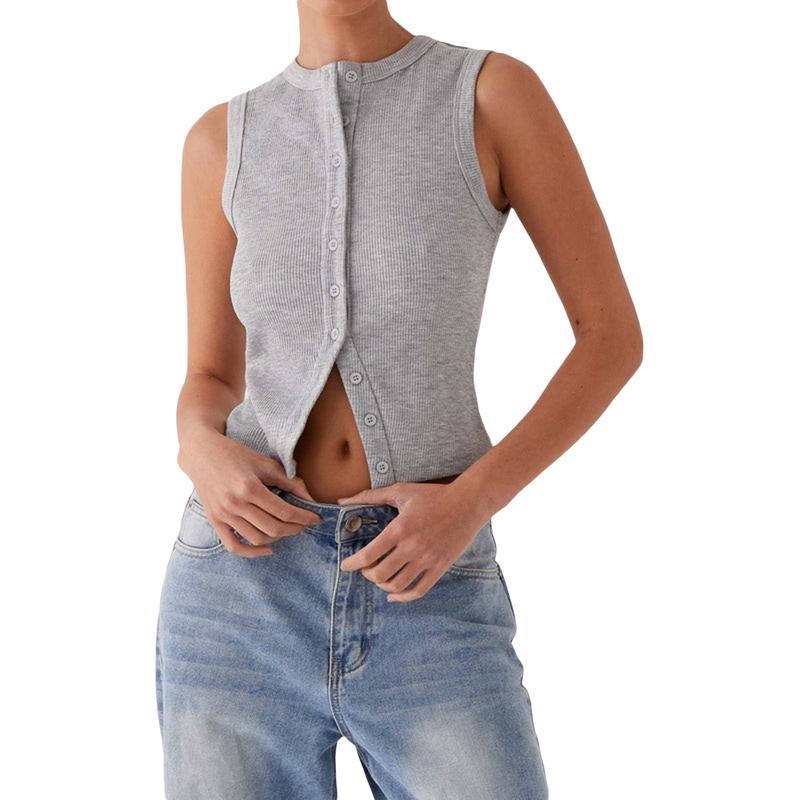 Women Button Down Tank Vest Casual Slim Fit Sleeveless Ribbed Knit Shirt Y2k Going Out Crewneck Tank Crop Tops