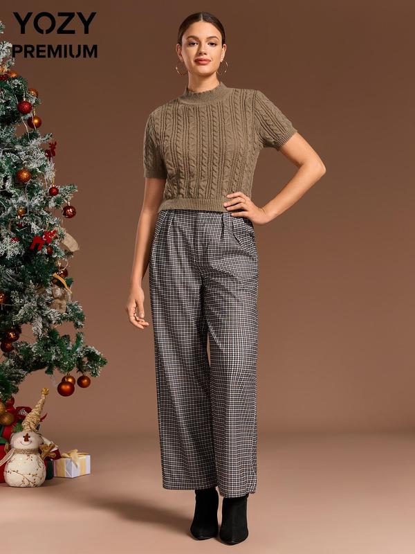 YOZY Black Friday Deals, Two-piece Set Women's Solid Textured Top & Plaid Zipper Trousers, Short Sleeve Top & Pocket Wide Leg Pants for Spring & Fall, Women's Clothes for Daily Wear, Christmas 2024 Trend, Thanksgiving Outfits, Fall Outfits, Winter Outfits