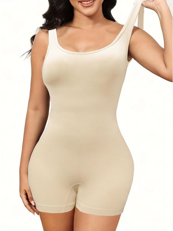 Women's Plain Ribbed Scoop Neck Sleeveless Shapewear Romper, Summer Clothes Women, Solid Body Contouring One Piece Bodysuit, Slimming Underwear for Lady, Back To School Clothes, Comfort Basic Versatile Women's Shapewear for Fall