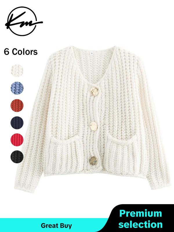 Women's Plain Button Front Pocket Sweater Cardigan, Casual Long Sleeve V Neck Knitwear for Fall & Winter, Fashion Ladies' Knit Clothing for Daily Wear