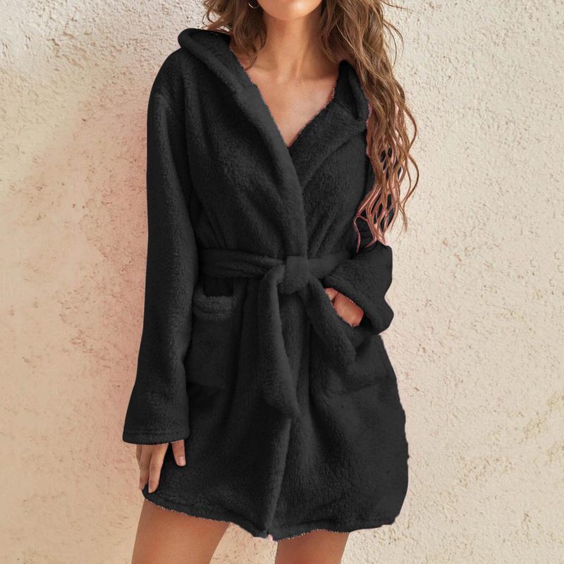 2024 Hot Sale Fall Winter Hooded Home Casual Plush Pajamas Pure Color Warm Keeping Bathrobe Women Womenswear Gowns Womenswear Gowns