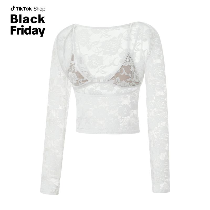 BlackFriday Sale Women Floral Lace Tops Low Cut Sheer Long Sleeve Pullovers Fitted Crop Shirt with Bra Summer Streetwear Clubwear,Downtown Girl Clothes，Fall Outfits Fallfreshness