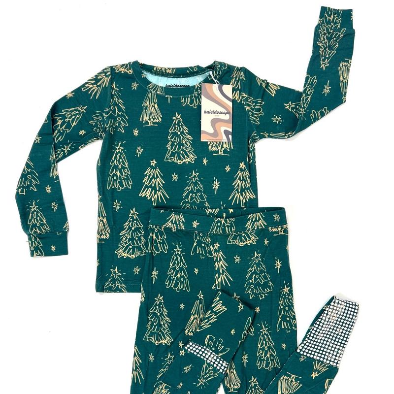 Christmas Holiday Family Matching | Bamboo Pajamas | Foldover Feet Long Sleeve Gender Neutral Outfit Sleepwear bamboo sleepwear | Dark Green Trees