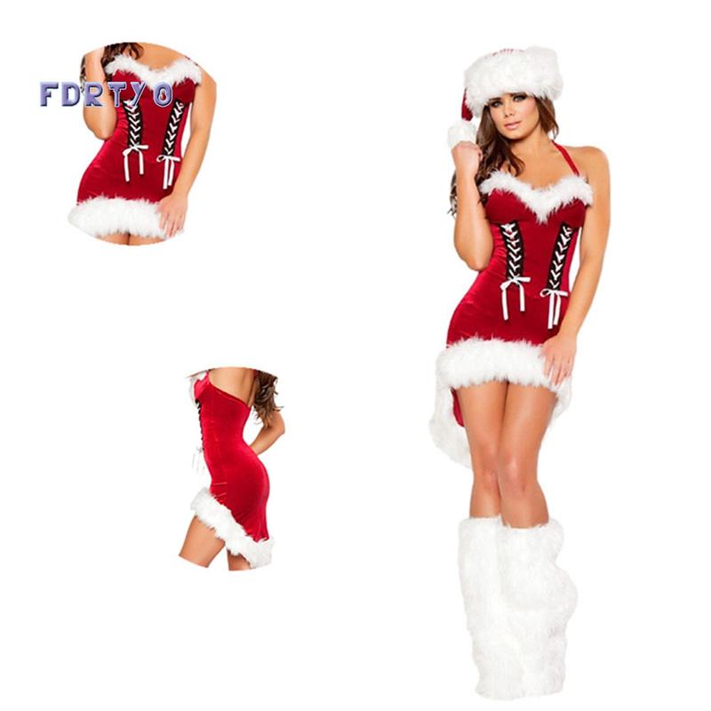 Women Christmas Costume Santa Cosplay Dress Plush Trim Patchwork Dress Party Costume with Hat and Leg Warmers party banquet