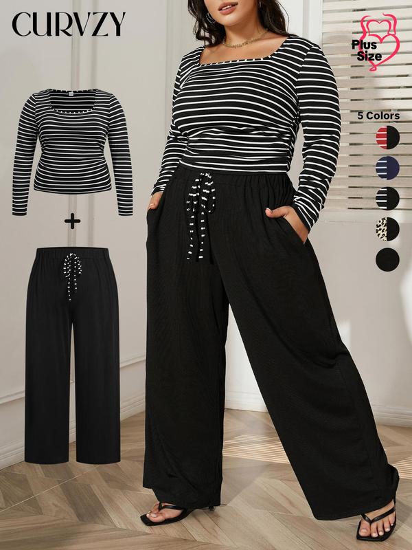 Black Friday Deals CURVZY Plus Size Two-piece Set Striped Print Tee & Pocket Tie Front Pants, Casual Long Sleeve Square Neck Top & Wide Leg Trousers Outfits for Spring & Fall, Women's Clothes for Christmas 2024 Trend,Thanksgiving Outfits,Winter Outfits