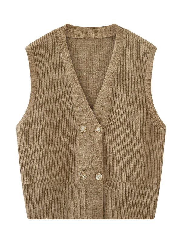 Women's Solid Button Front V Neck Ribbed Sweater Vest, Casual Sleeveless Knitwear Top for Spring & Fall, Fashion Women's Knit Clothing for Daily Wear