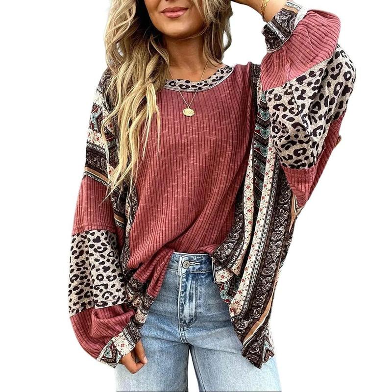 Womens Long Sleeve Oversized Retro Leopard Contrast Patchwork Top